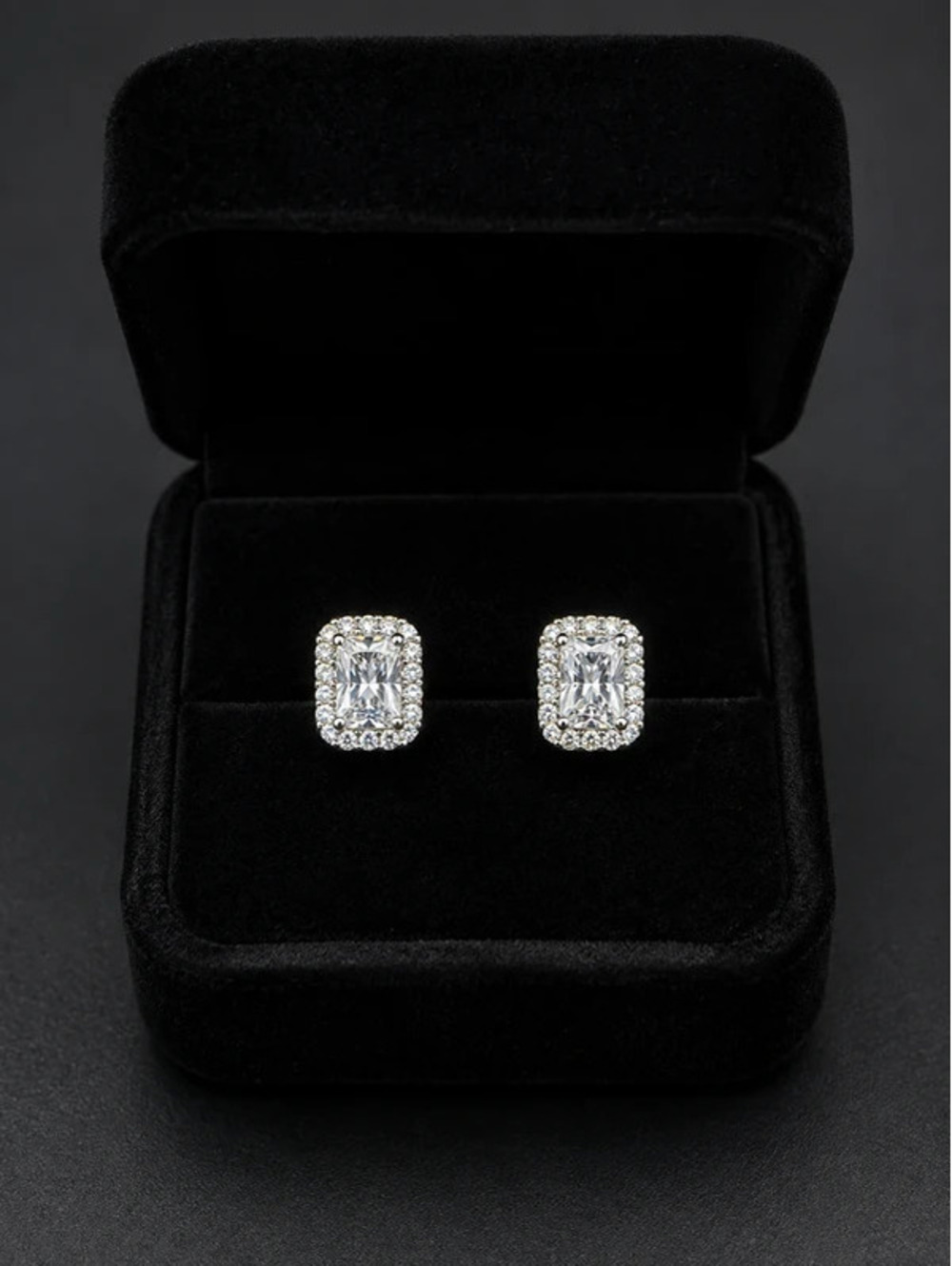 #718  Sterling Silver 0.83 CT Moissanite Rectangular Halo Stud Earrings